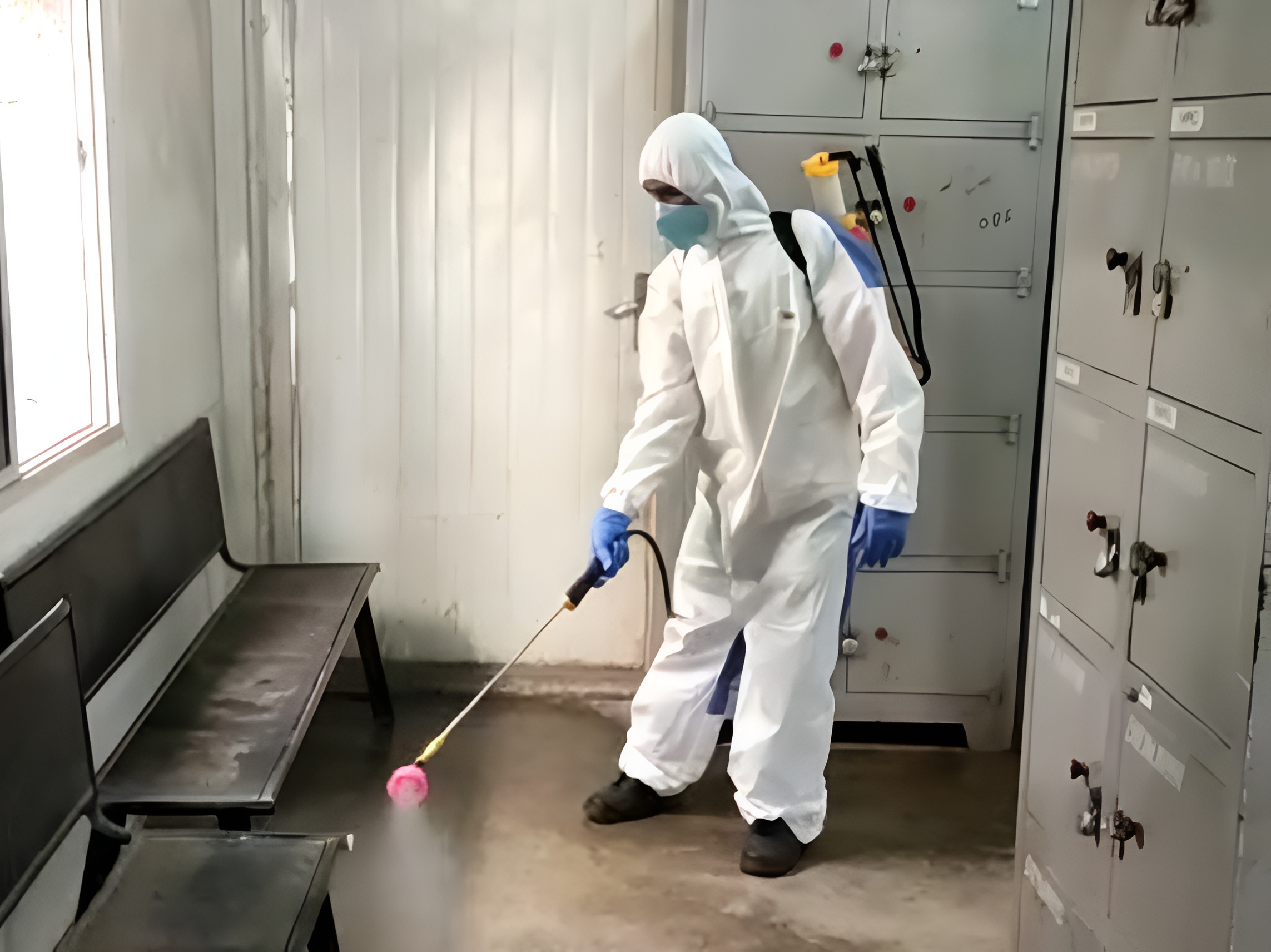Professional pest control technician spraying a commercial facility